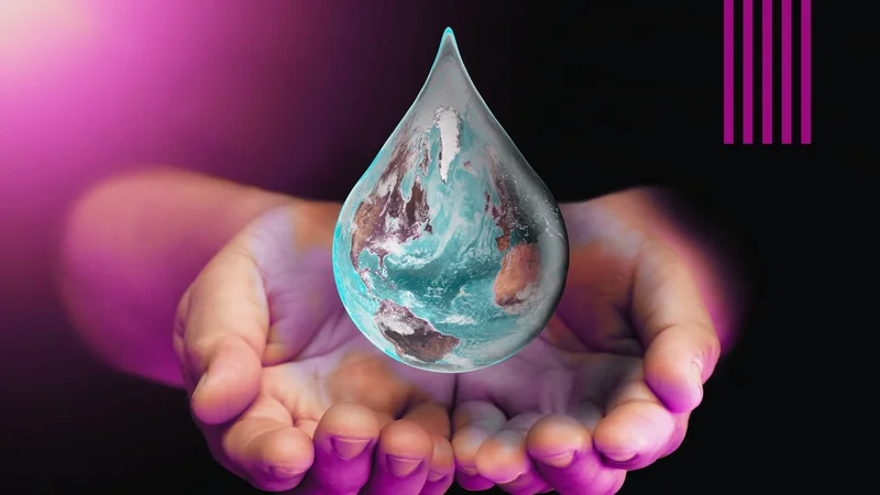 two hands catch a drop of water that reflects the earth