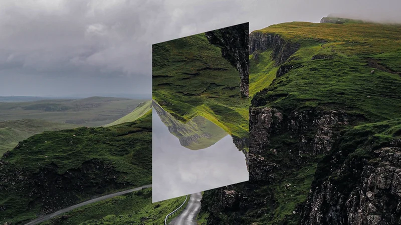 green hills in the front, dark sky above 