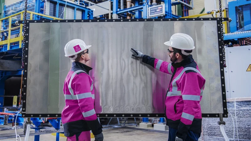 thyssenkrupp nucera employees look at electrolysis cell